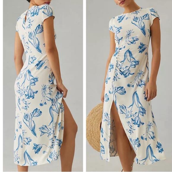 Reformation Frasier Floral Lisse Cap Sleeve Button Front Ruched Midi Dress Sz 18 - Picture 2 of 10